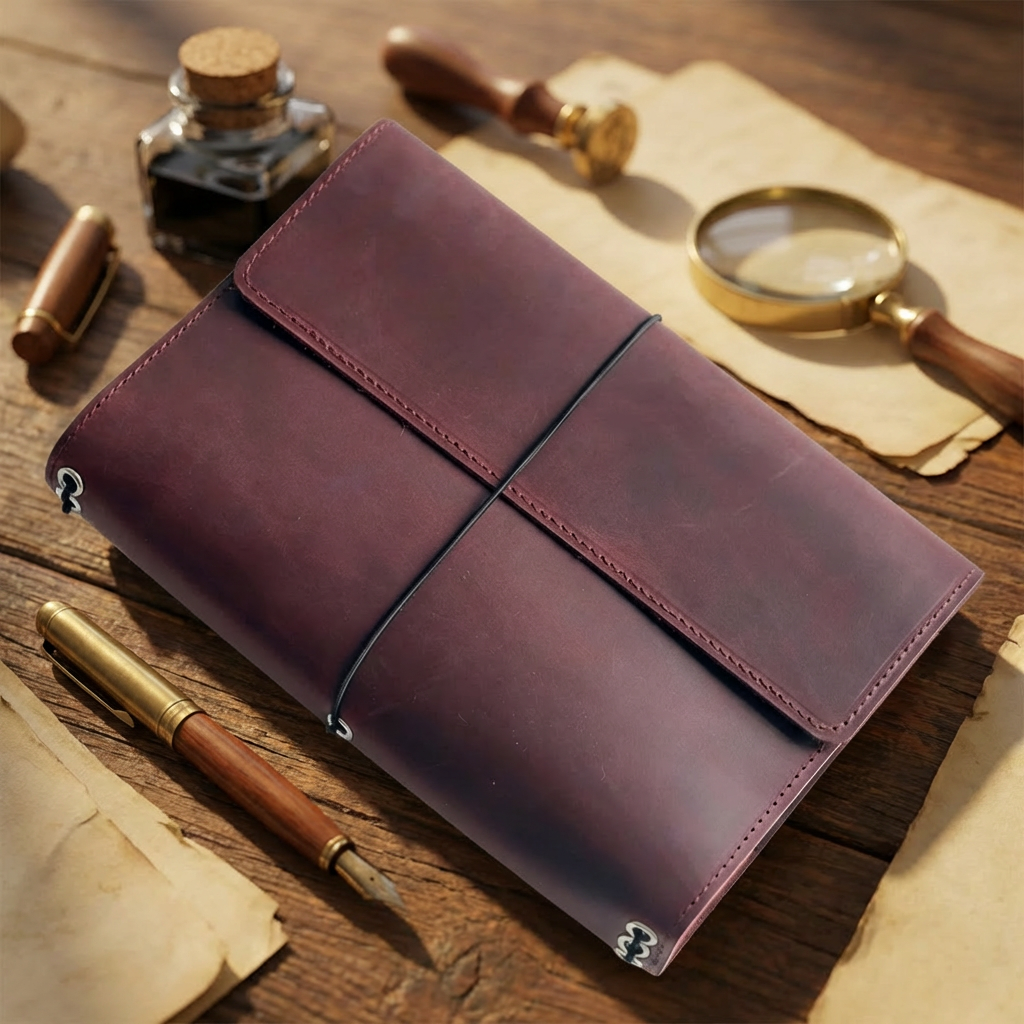 Personalized Genuine Leather Tri-Fold A6/A5 Notebook Cover Custom Engraved Refillable Travelers Journal with Elastic Closure