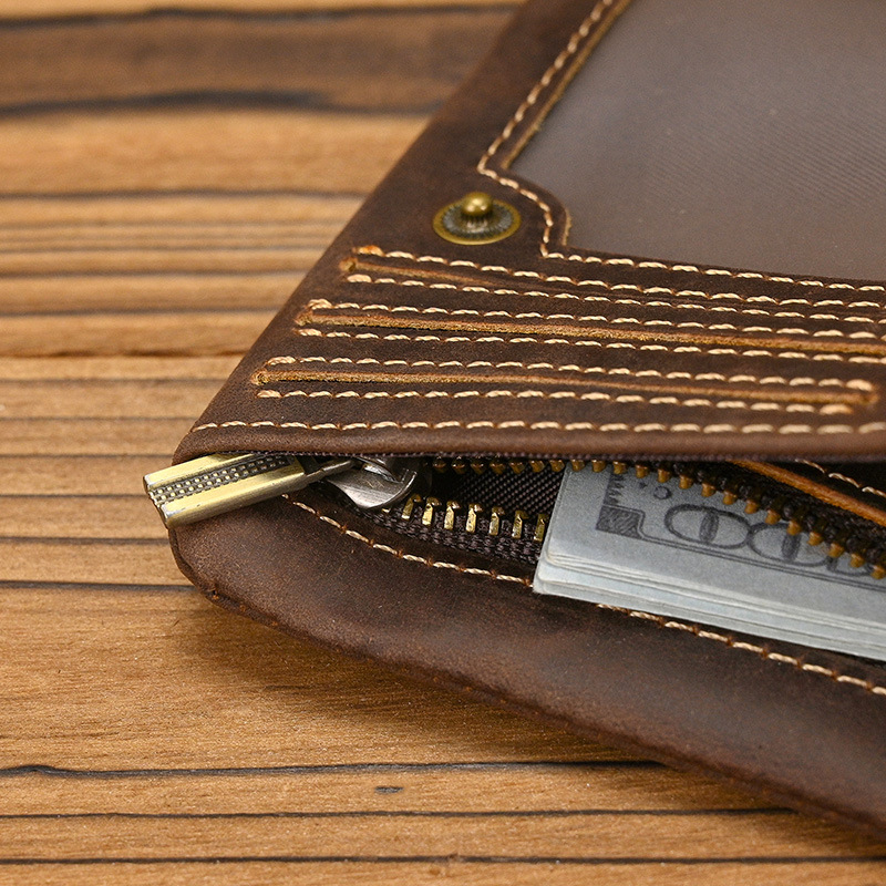 New Women's Retro Genuine Leather Short Wallet Zippered Coin Pocket Snap Clasp Multiple Card Slots Two-Fold Design Crazy Horse