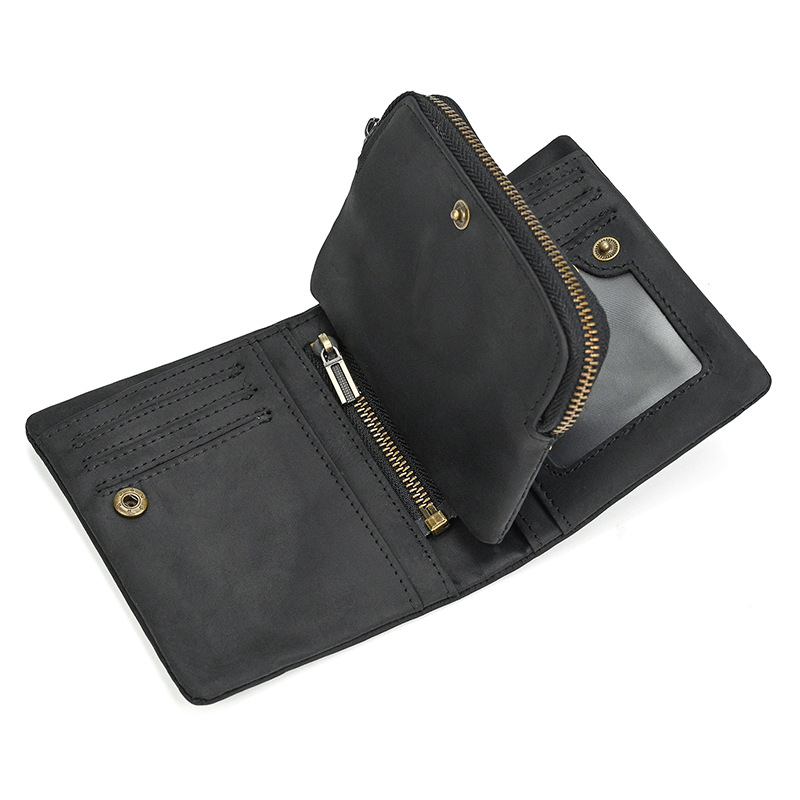 New Women's Retro Genuine Leather Short Wallet Zippered Coin Pocket Snap Clasp Multiple Card Slots Two-Fold Design Crazy Horse