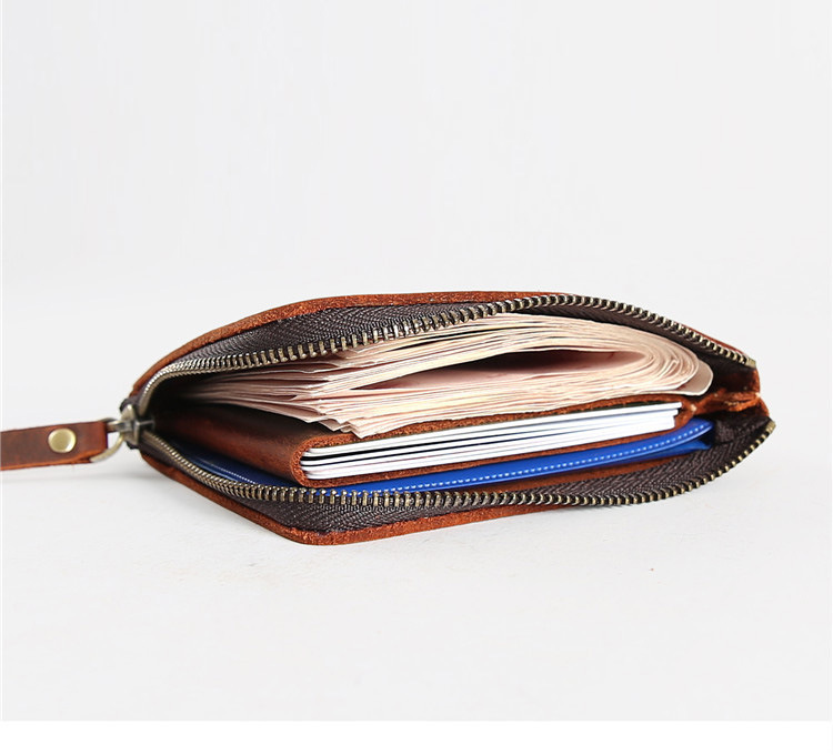 Customized Retro Cowhide Slim Men's Wallet Anti-Theft Zipper Head Layer with Chains Decoration Crazy Mapi Short Leather Design