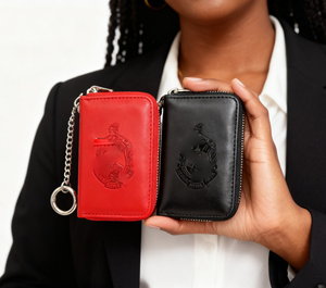 Sorority Credit Card Holder with Greek Letters Embossed Trending PU Leather Wallet Keychain Accordion Zipper Coin Purse