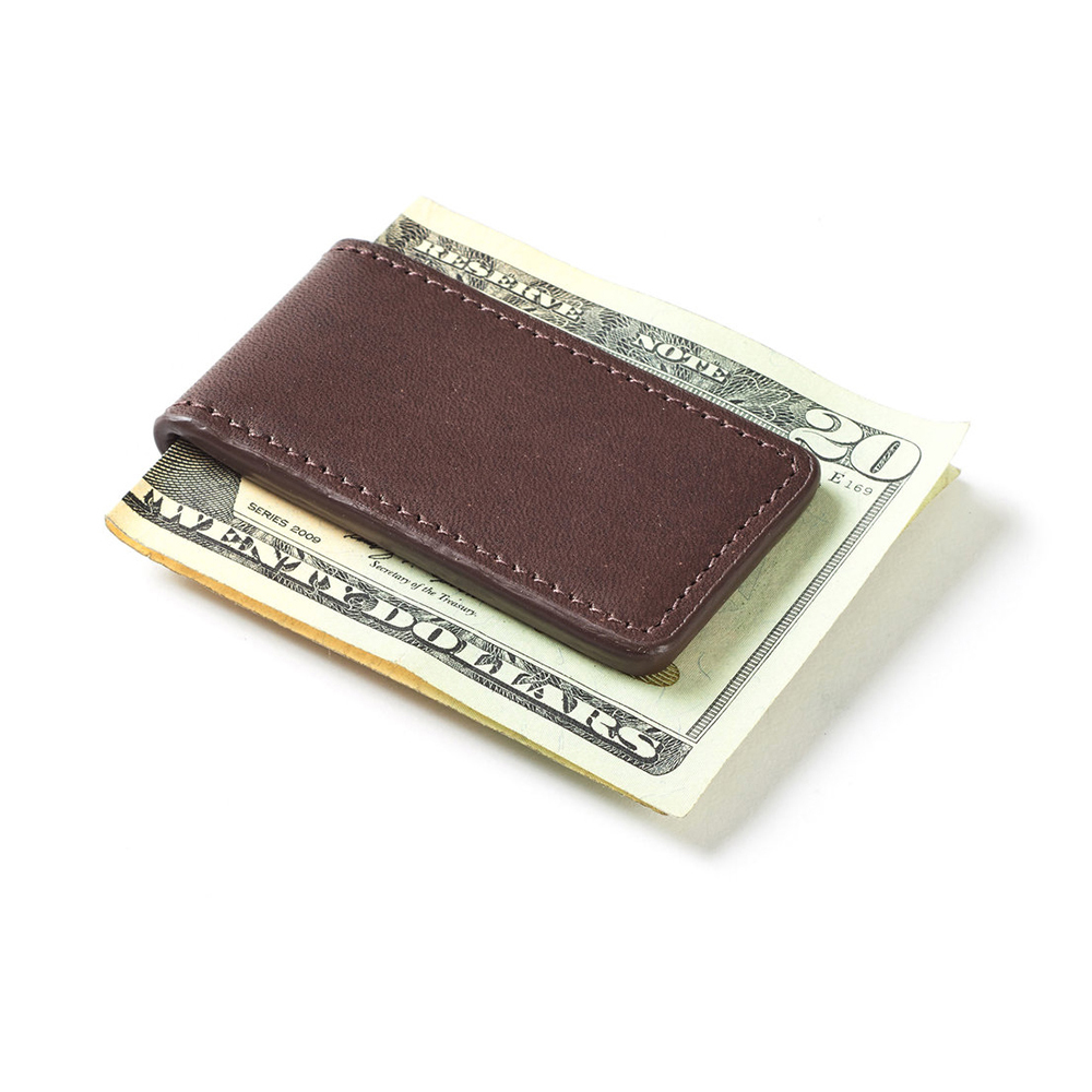 Wholesale OEM ODM Custom Logo High Quality Fashion Solid Minimalist Slim Strong Magnetic Genuine Leather Bifold Money Clip Men