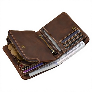 New Women's Retro Genuine Leather Short Wallet Zippered Coin Pocket Snap Clasp Multiple Card Slots Two-Fold Design Crazy Horse