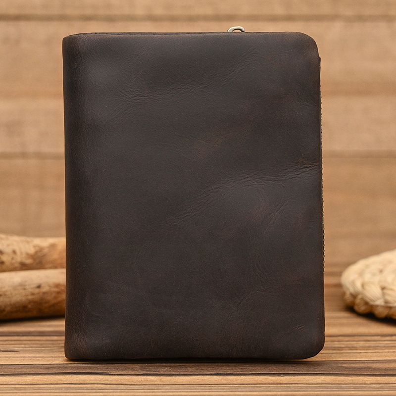 New Women's Retro Genuine Leather Short Wallet Zippered Coin Pocket Snap Clasp Multiple Card Slots Two-Fold Design Crazy Horse