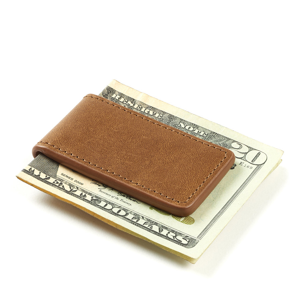Wholesale OEM ODM Custom Logo High Quality Fashion Solid Minimalist Slim Strong Magnetic Genuine Leather Bifold Money Clip Men