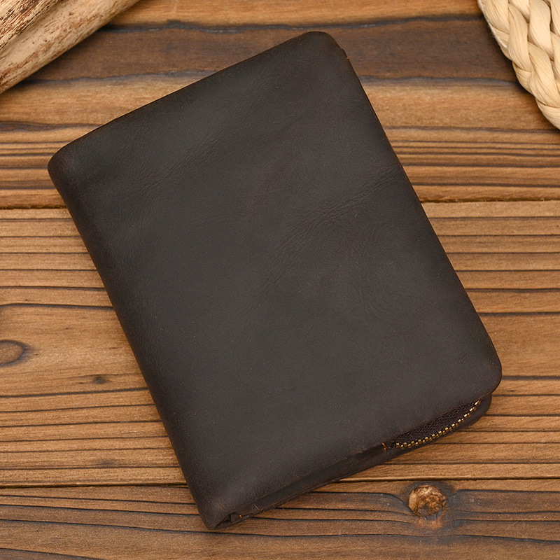 New Women's Retro Genuine Leather Short Wallet Zippered Coin Pocket Snap Clasp Multiple Card Slots Two-Fold Design Crazy Horse