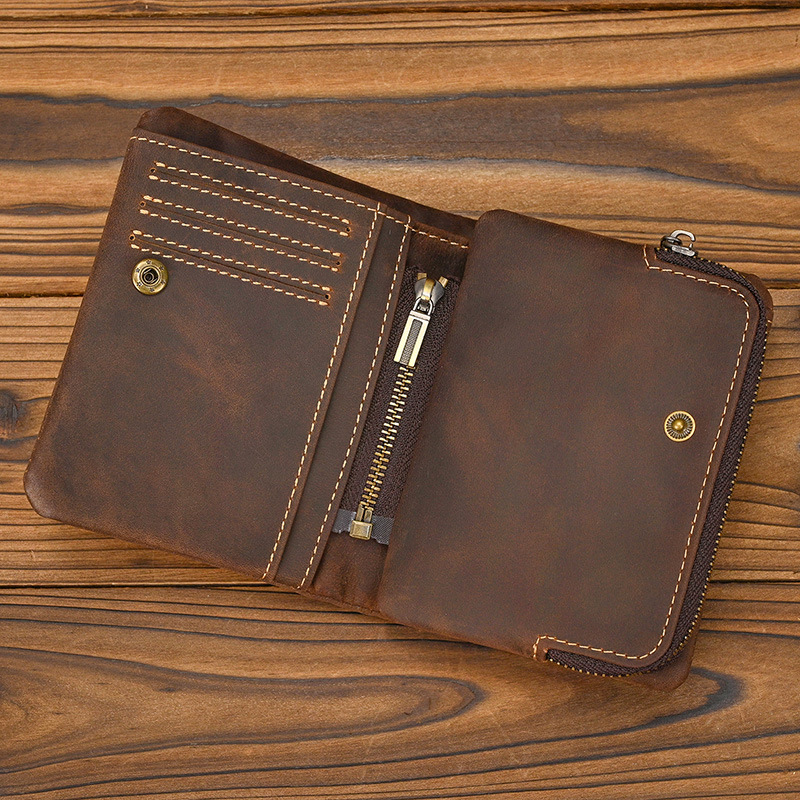 New Women's Retro Genuine Leather Short Wallet Zippered Coin Pocket Snap Clasp Multiple Card Slots Two-Fold Design Crazy Horse
