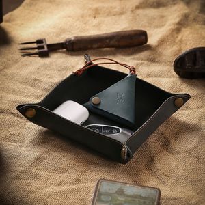 Foldable Change Car Key Storage Laserable Leatherette Walnut Tanned Valet Tray