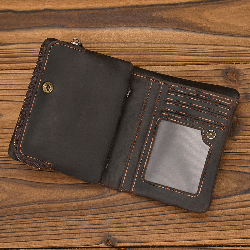 New Women's Retro Genuine Leather Short Wallet Zippered Coin Pocket Snap Clasp Multiple Card Slots Two-Fold Design Crazy Horse