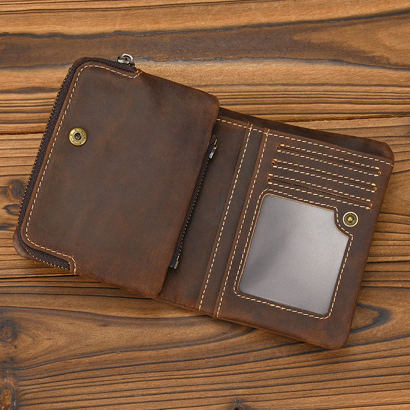 New Women's Retro Genuine Leather Short Wallet Zippered Coin Pocket Snap Clasp Multiple Card Slots Two-Fold Design Crazy Horse