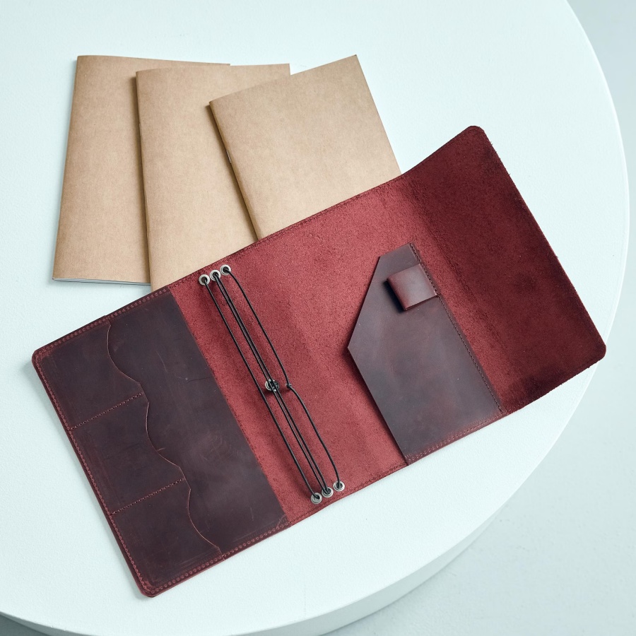 Personalized Genuine Leather Tri-Fold A6/A5 Notebook Cover Custom Engraved Refillable Travelers Journal with Elastic Closure