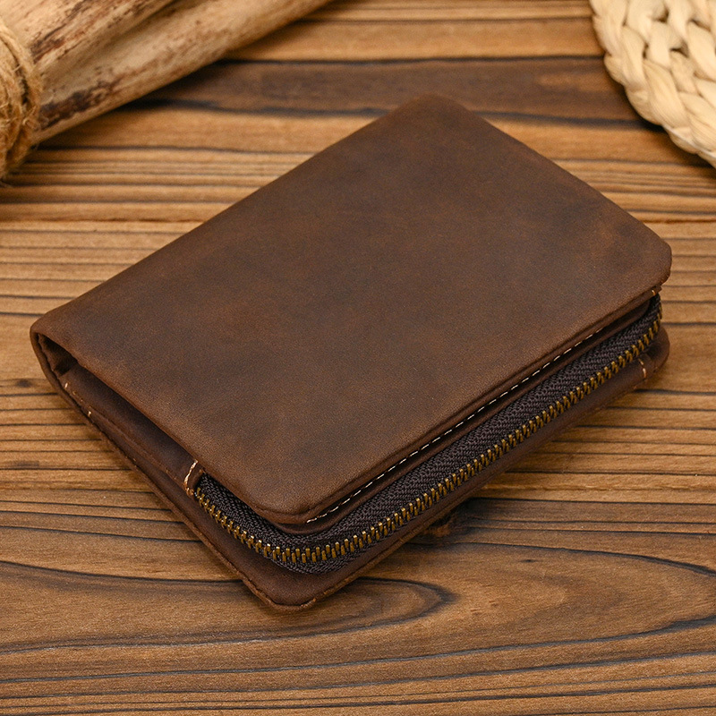 New Women's Retro Genuine Leather Short Wallet Zippered Coin Pocket Snap Clasp Multiple Card Slots Two-Fold Design Crazy Horse