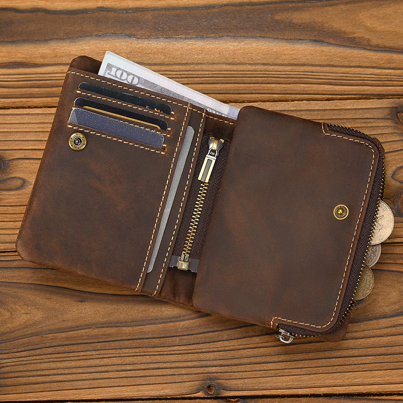 New Women's Retro Genuine Leather Short Wallet Zippered Coin Pocket Snap Clasp Multiple Card Slots Two-Fold Design Crazy Horse