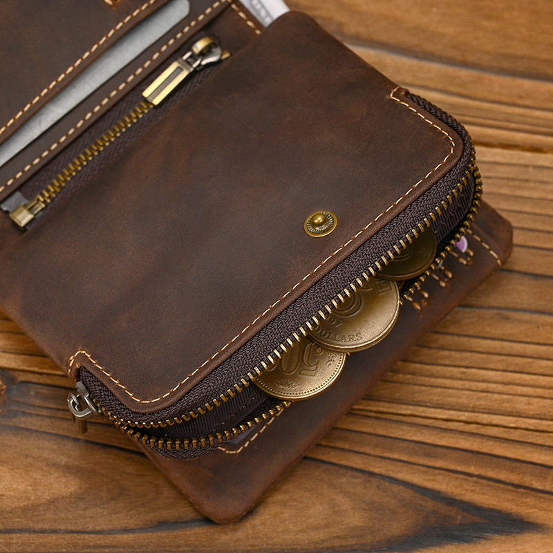 New Women's Retro Genuine Leather Short Wallet Zippered Coin Pocket Snap Clasp Multiple Card Slots Two-Fold Design Crazy Horse
