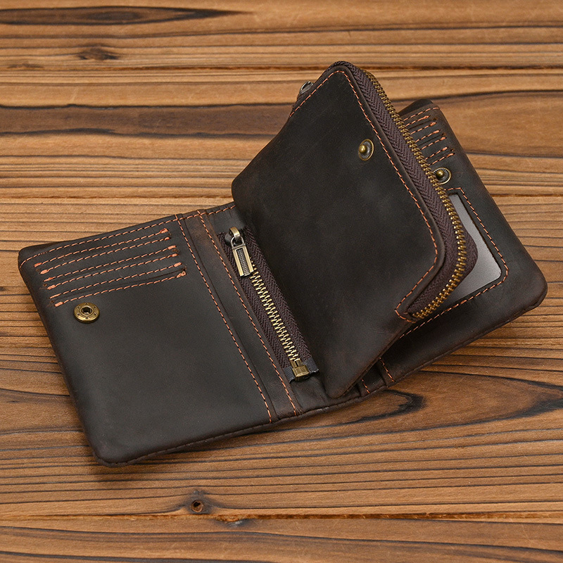 New Women's Retro Genuine Leather Short Wallet Zippered Coin Pocket Snap Clasp Multiple Card Slots Two-Fold Design Crazy Horse