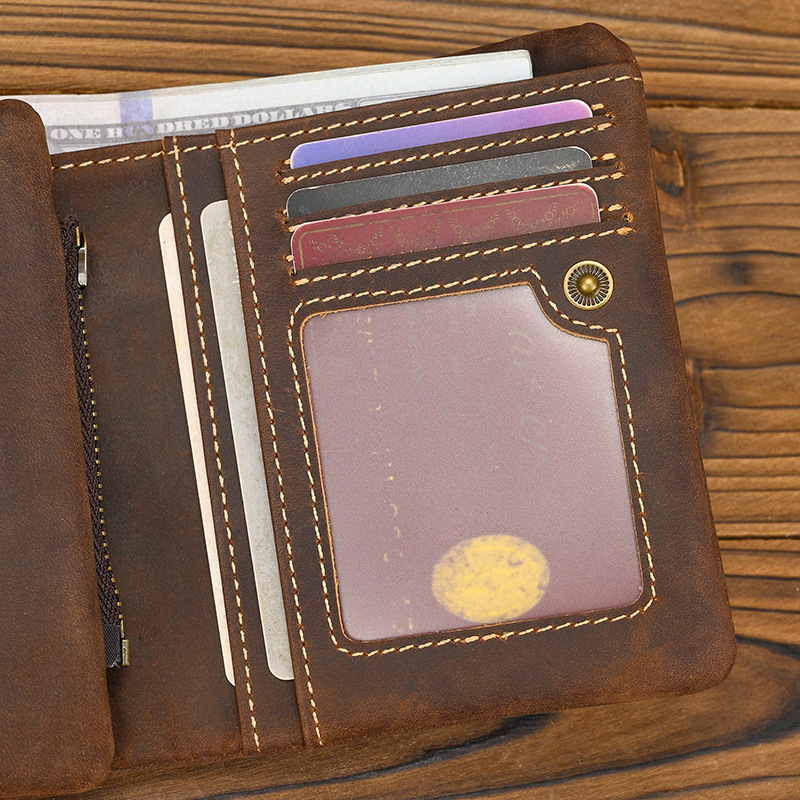New Women's Retro Genuine Leather Short Wallet Zippered Coin Pocket Snap Clasp Multiple Card Slots Two-Fold Design Crazy Horse