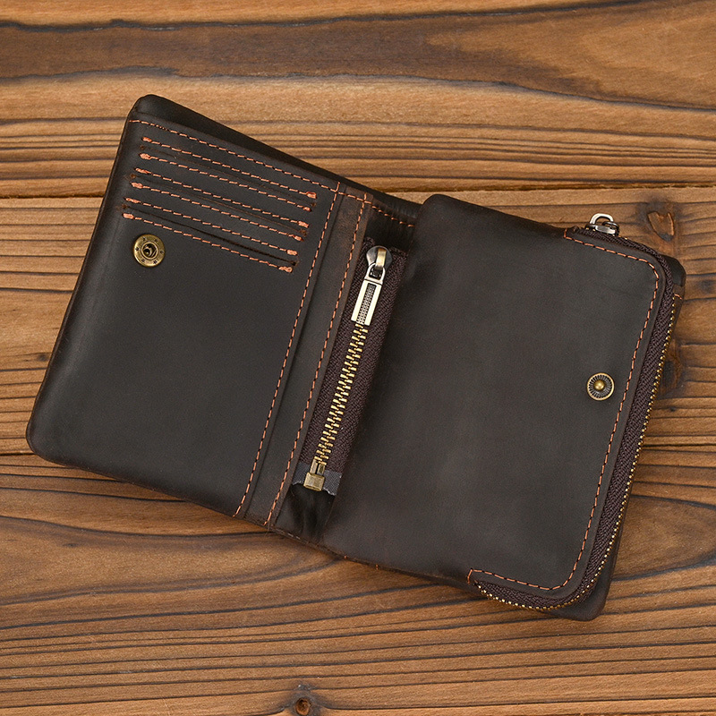 New Women's Retro Genuine Leather Short Wallet Zippered Coin Pocket Snap Clasp Multiple Card Slots Two-Fold Design Crazy Horse