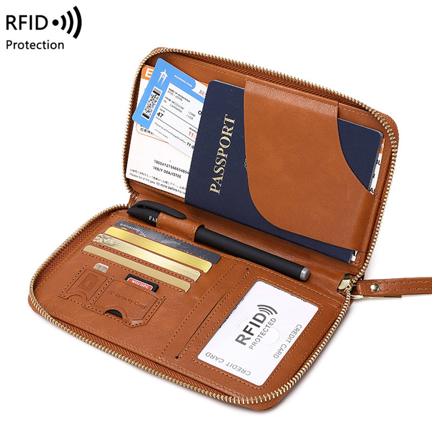 Solid Genuine Leather Basics RFID Travel Passport Wallet Organizer Solid Large Stash Pocket Zipper for Coin Tickets Money Phone