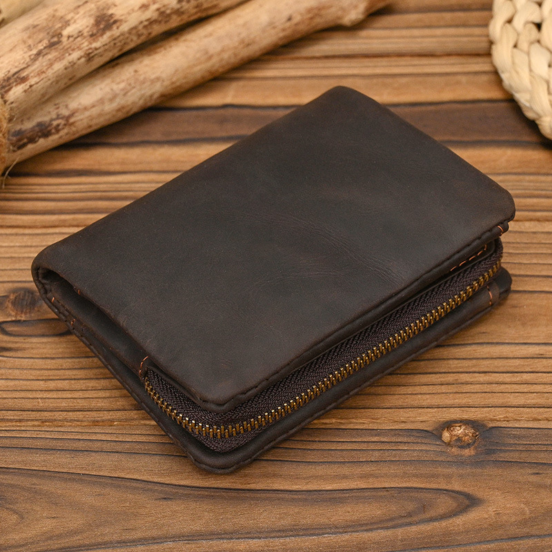 New Women's Retro Genuine Leather Short Wallet Zippered Coin Pocket Snap Clasp Multiple Card Slots Two-Fold Design Crazy Horse