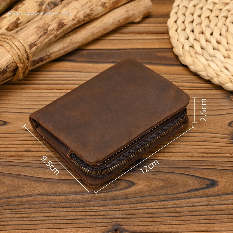 New Women's Retro Genuine Leather Short Wallet Zippered Coin Pocket Snap Clasp Multiple Card Slots Two-Fold Design Crazy Horse