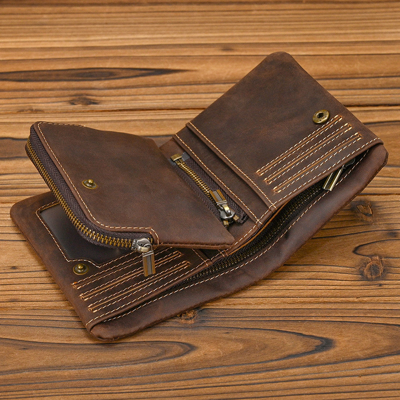 New Women's Retro Genuine Leather Short Wallet Zippered Coin Pocket Snap Clasp Multiple Card Slots Two-Fold Design Crazy Horse