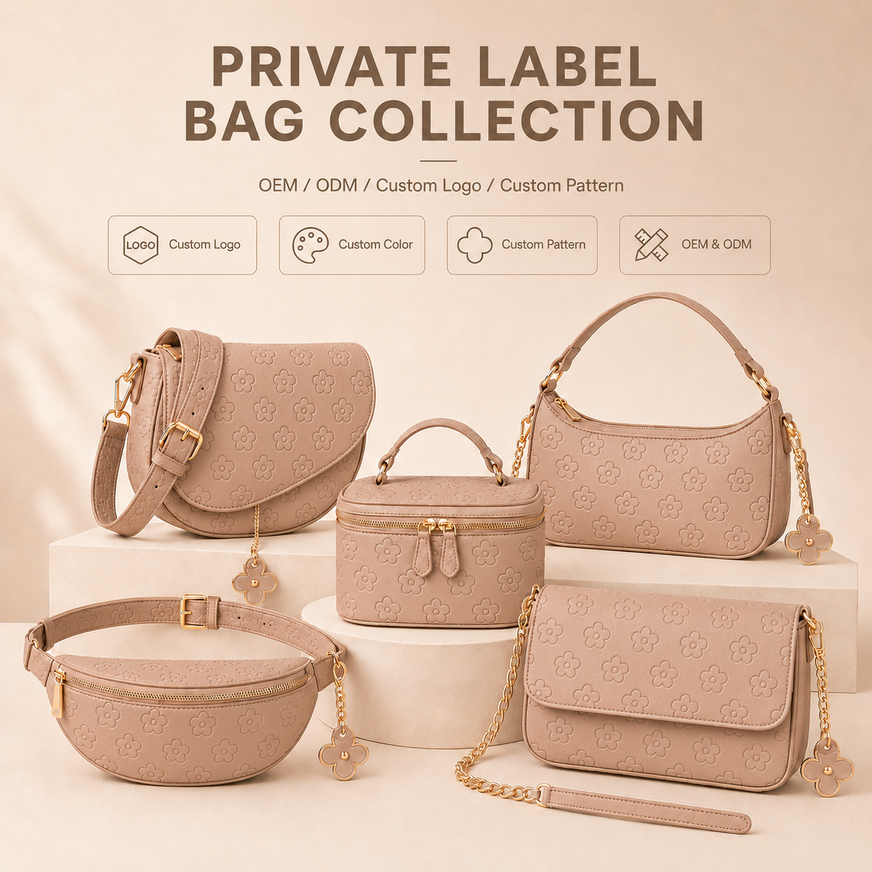 Manufacturer OEM ODM Private Label Embossed Vegan Leather Bag Collection with Custom Logo Color Pattern Hardware Options