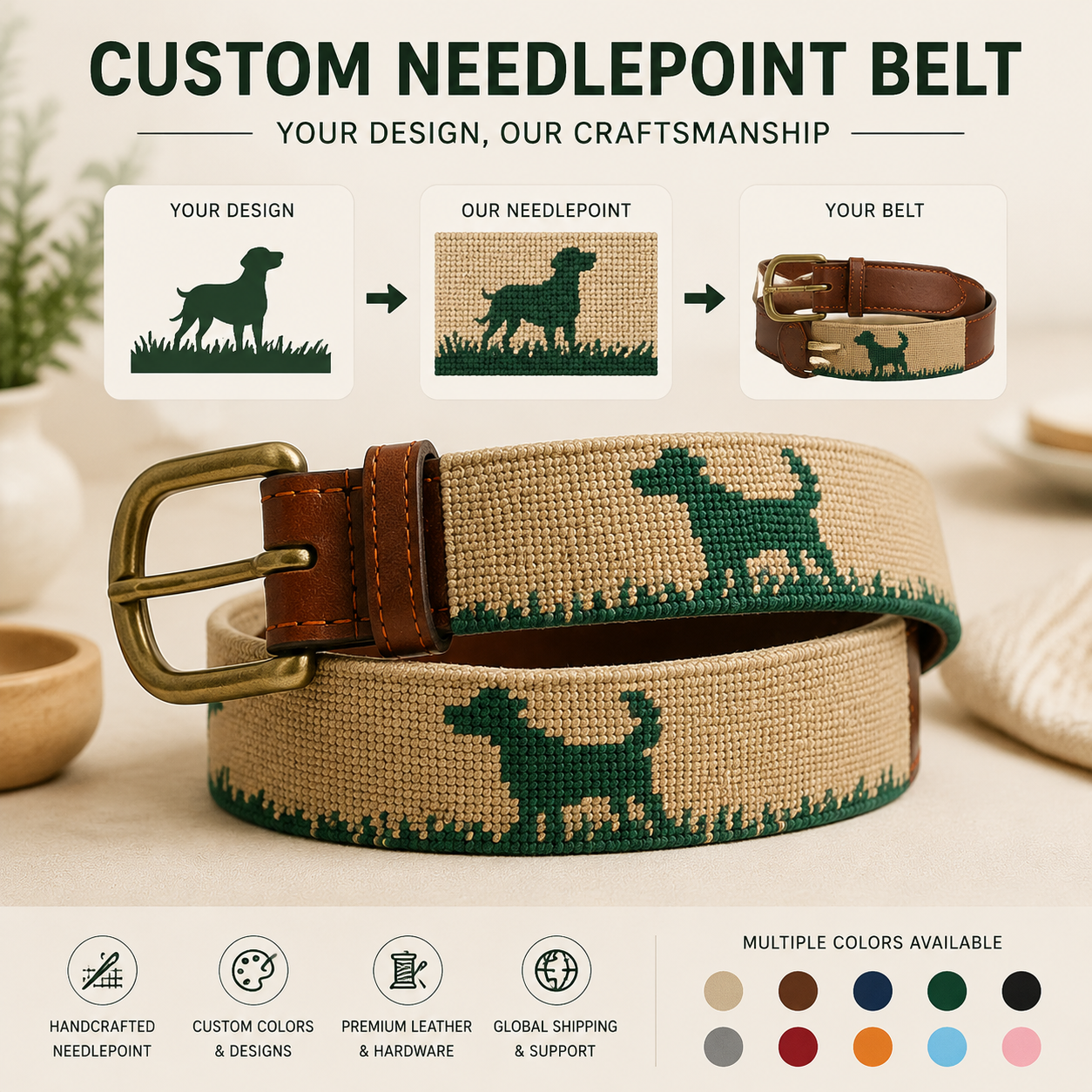 Custom Mens Needlepoint Belt with Solid Brass Buckle for Luxury Hand - Stitched Cowhide Small Leather Manufacture Wedding Gift