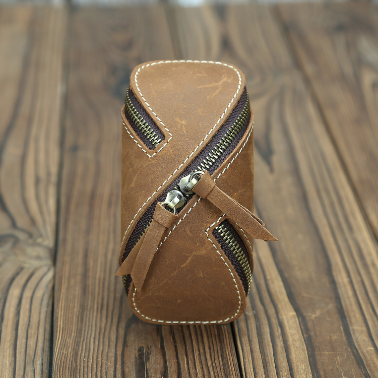 Creative Retro Crazy Horse Leather Durable Key Case Zipper Key Card Holder Home Storage Vintage Genuine Leather Men's Women's