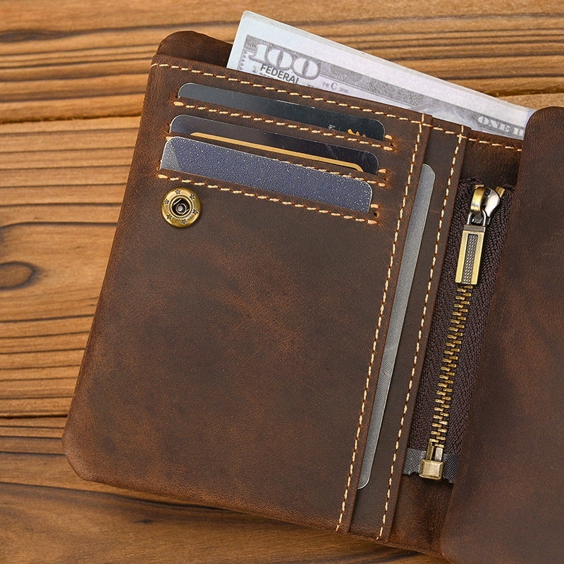 New Women's Retro Genuine Leather Short Wallet Zippered Coin Pocket Snap Clasp Multiple Card Slots Two-Fold Design Crazy Horse