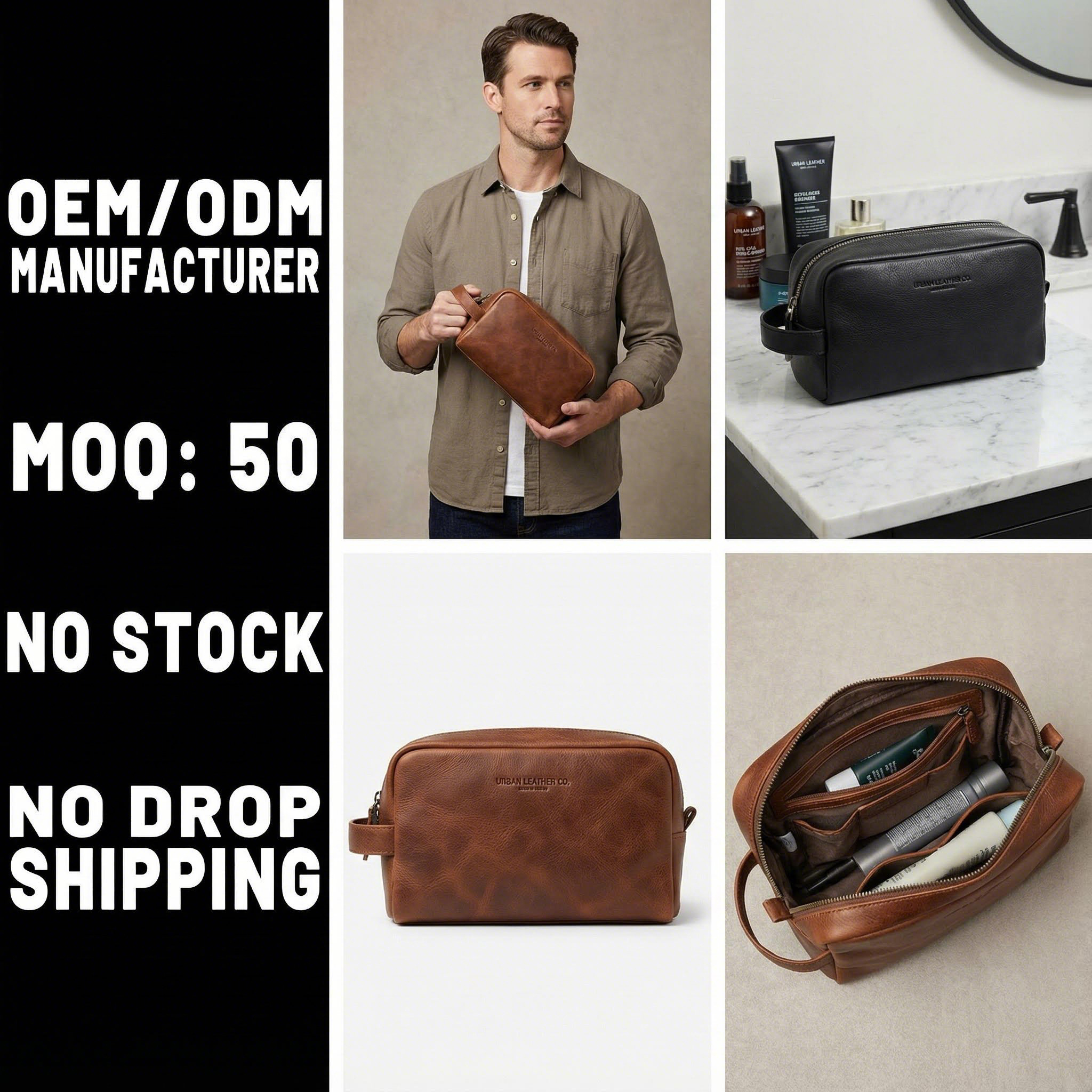 Luxury Genuine Crazy Horse Vintage Cowhide Leather Men's Toiletry Wash Bag Dopp Kit with Waterproof Lining OEM Manufacturer