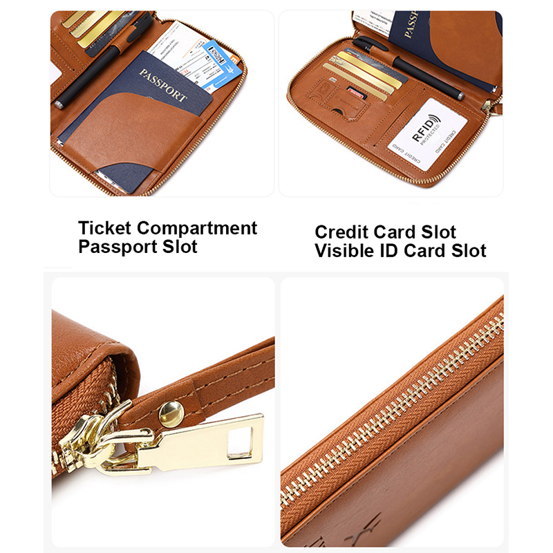 Solid Genuine Leather Basics RFID Travel Passport Wallet Organizer Solid Large Stash Pocket Zipper for Coin Tickets Money Phone