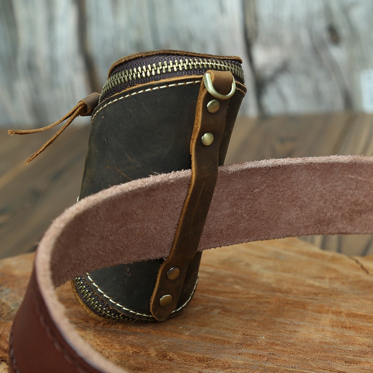 Creative Retro Crazy Horse Leather Durable Key Case Zipper Key Card Holder Home Storage Vintage Genuine Leather Men's Women's