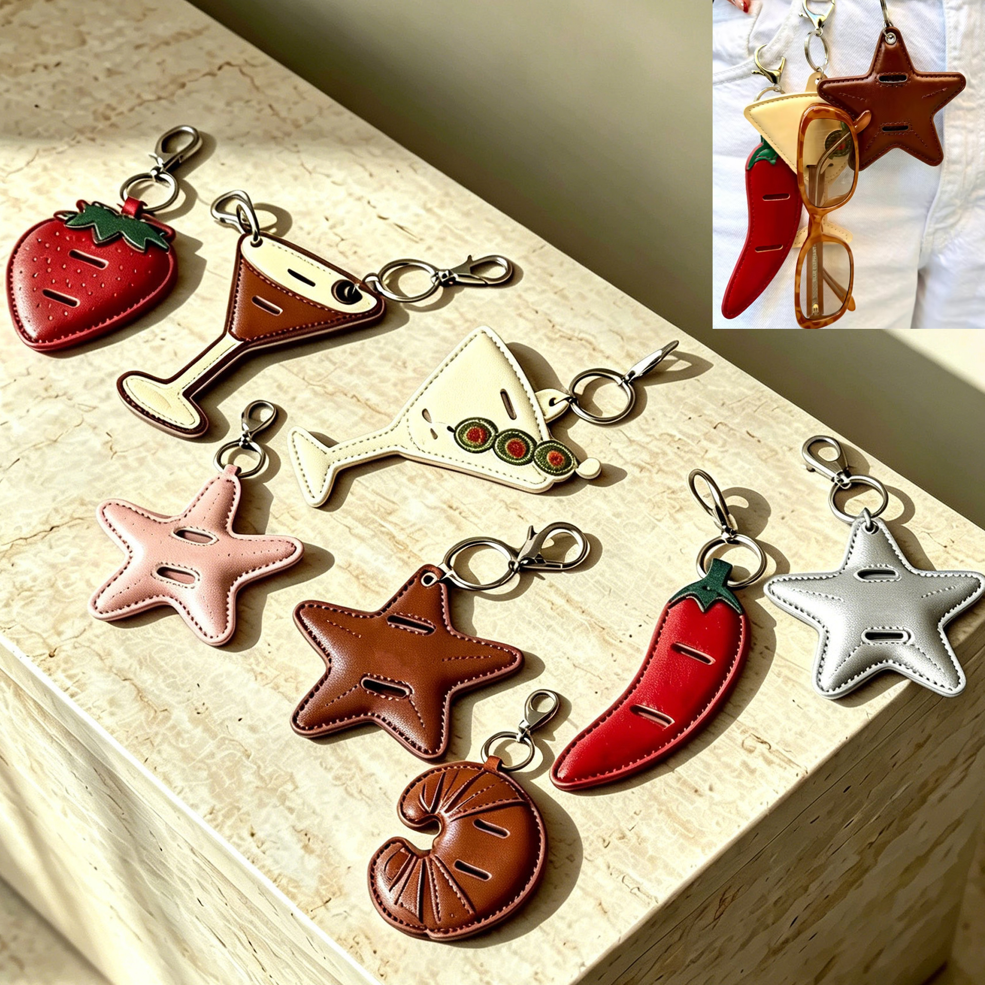 Custom Creative Star Pepper Keychain Multifunctional Eyeglass Clip Sunglasses Holder Anti Loss Storage Clip Leather Keychain