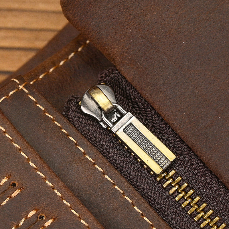 New Women's Retro Genuine Leather Short Wallet Zippered Coin Pocket Snap Clasp Multiple Card Slots Two-Fold Design Crazy Horse