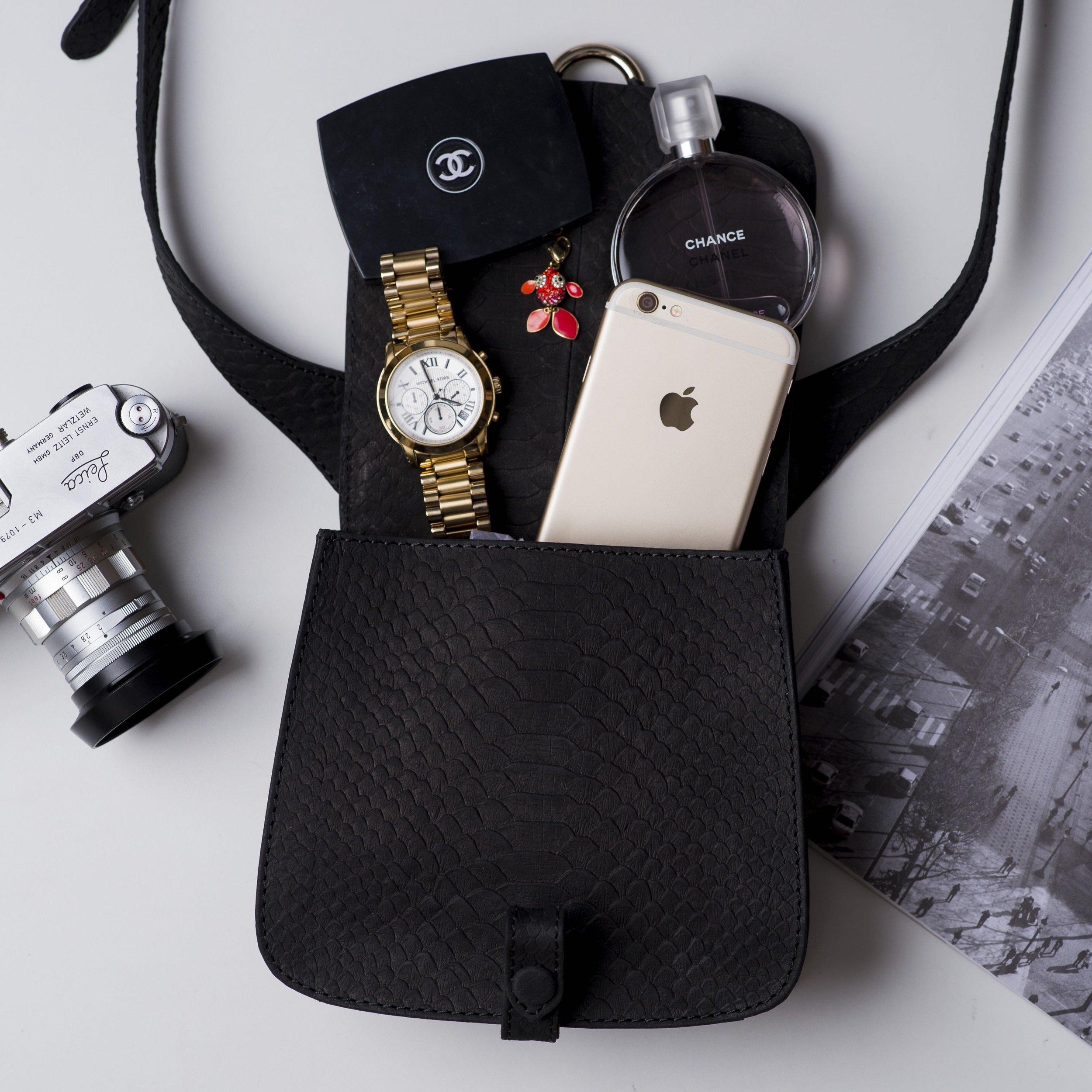 Handcrafted black leather handbag with custom hardware