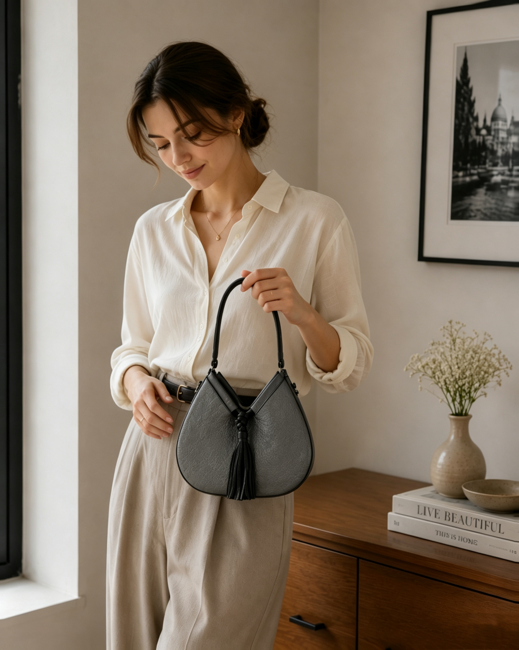 Factory OEM Manufacture Genuine Leather Handbags, Retro Tassel Decor Hobo Handbag, Fashion Handbags for Women