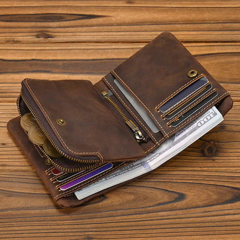 New Women's Retro Genuine Leather Short Wallet Zippered Coin Pocket Snap Clasp Multiple Card Slots Two-Fold Design Crazy Horse