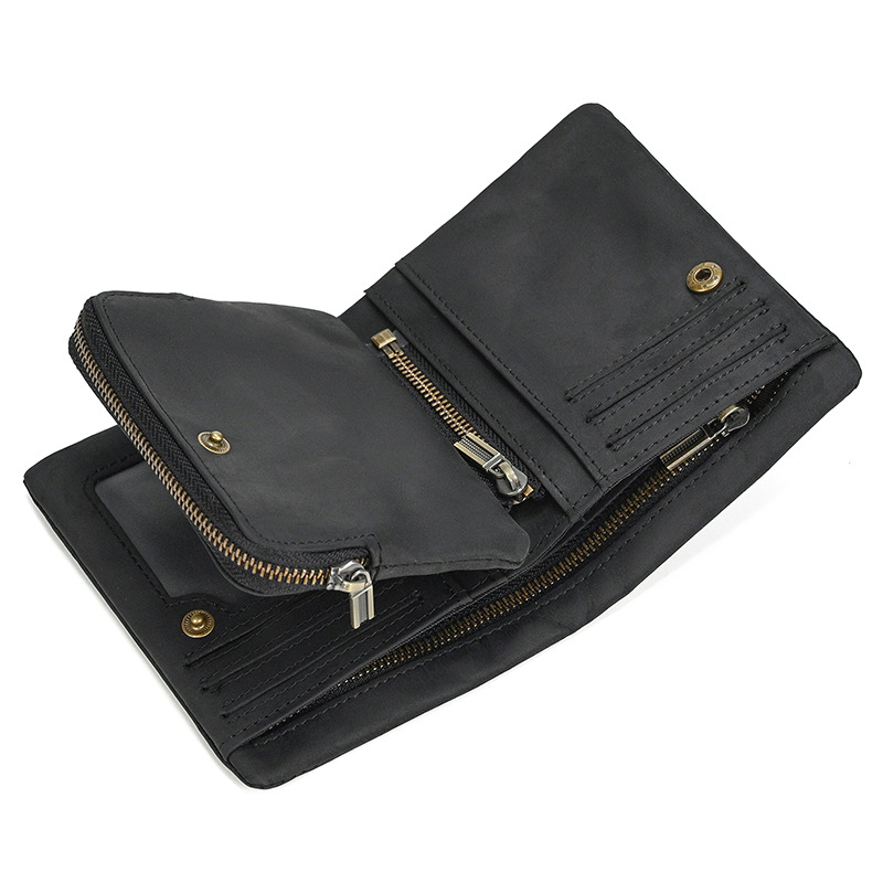New Women's Retro Genuine Leather Short Wallet Zippered Coin Pocket Snap Clasp Multiple Card Slots Two-Fold Design Crazy Horse