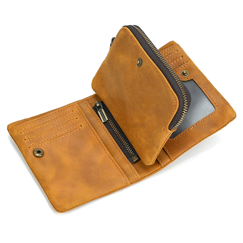 New Women's Retro Genuine Leather Short Wallet Zippered Coin Pocket Snap Clasp Multiple Card Slots Two-Fold Design Crazy Horse