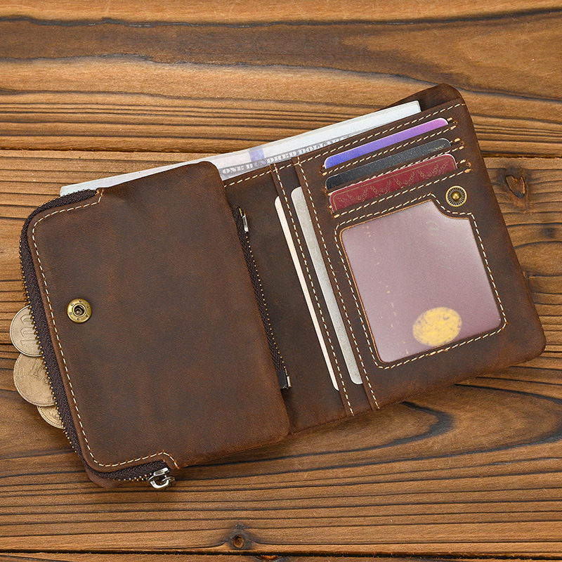 New Women's Retro Genuine Leather Short Wallet Zippered Coin Pocket Snap Clasp Multiple Card Slots Two-Fold Design Crazy Horse