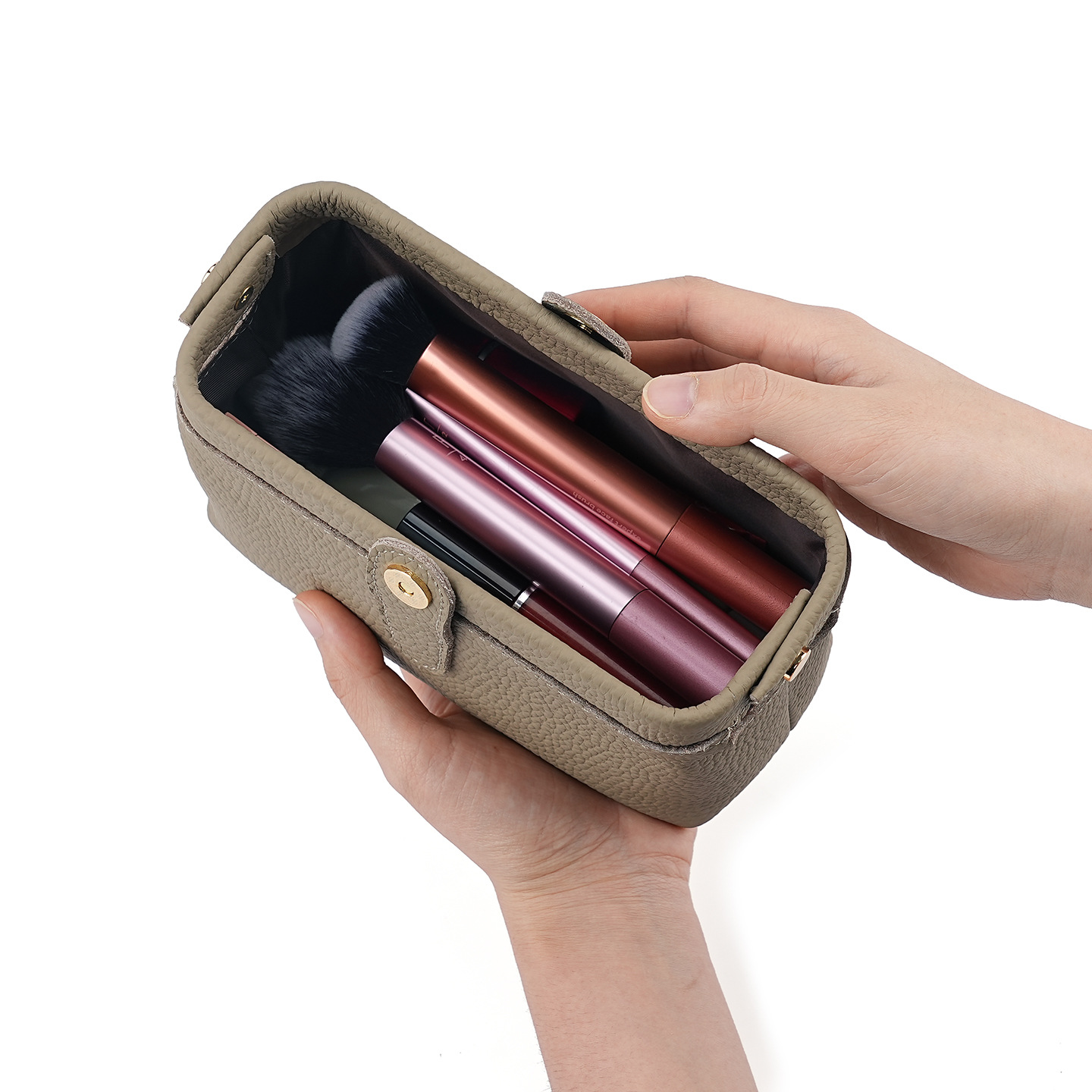 Custom Logo Travel Genuine Leather Makeup and Cosmetic Pouch with Zipper Large Capacity Toiletries Storage Bag for Women