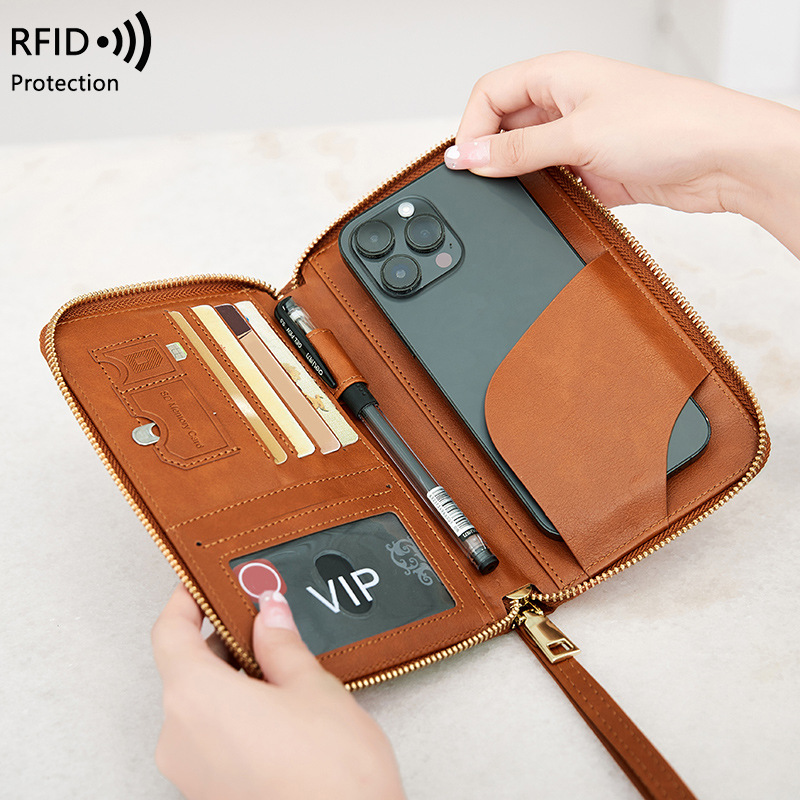 Solid Genuine Leather Basics RFID Travel Passport Wallet Organizer Solid Large Stash Pocket Zipper for Coin Tickets Money Phone