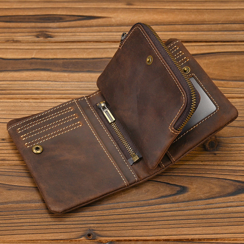 New Women's Retro Genuine Leather Short Wallet Zippered Coin Pocket Snap Clasp Multiple Card Slots Two-Fold Design Crazy Horse