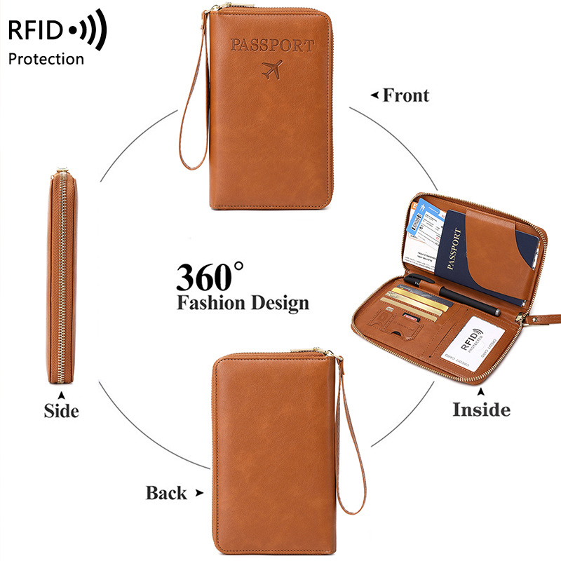 Solid Genuine Leather Basics RFID Travel Passport Wallet Organizer Solid Large Stash Pocket Zipper for Coin Tickets Money Phone