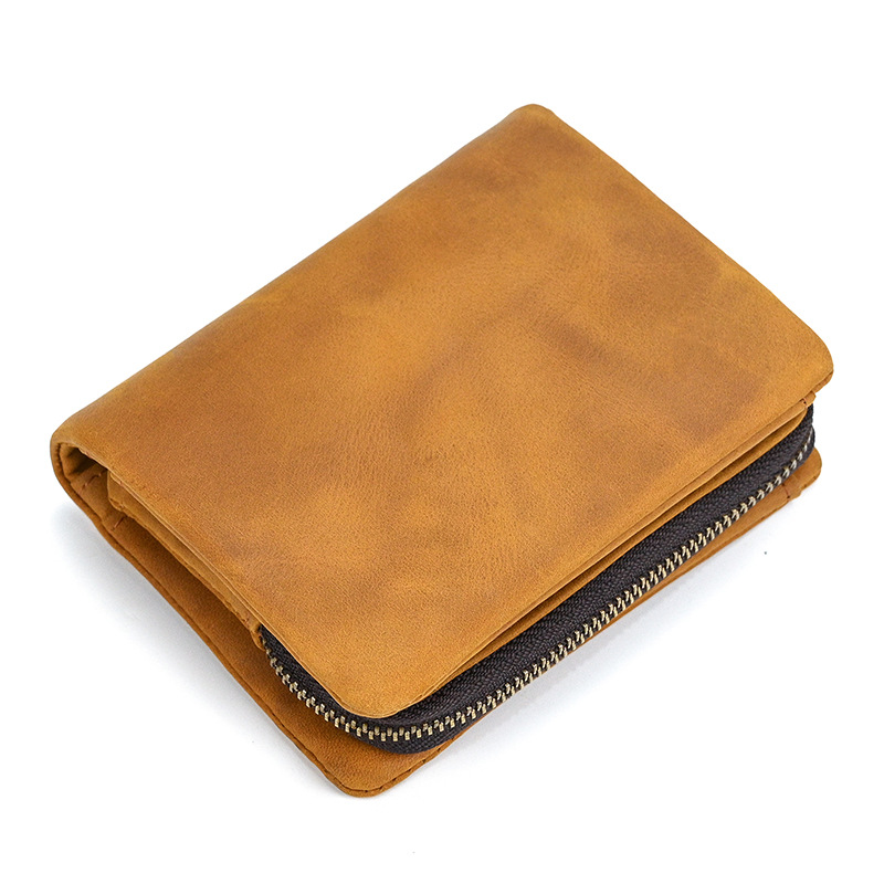 New Women's Retro Genuine Leather Short Wallet Zippered Coin Pocket Snap Clasp Multiple Card Slots Two-Fold Design Crazy Horse