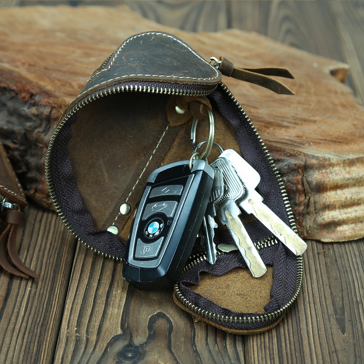 Creative Retro Crazy Horse Leather Durable Key Case Zipper Key Card Holder Home Storage Vintage Genuine Leather Men's Women's