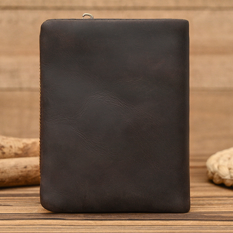 New Women's Retro Genuine Leather Short Wallet Zippered Coin Pocket Snap Clasp Multiple Card Slots Two-Fold Design Crazy Horse